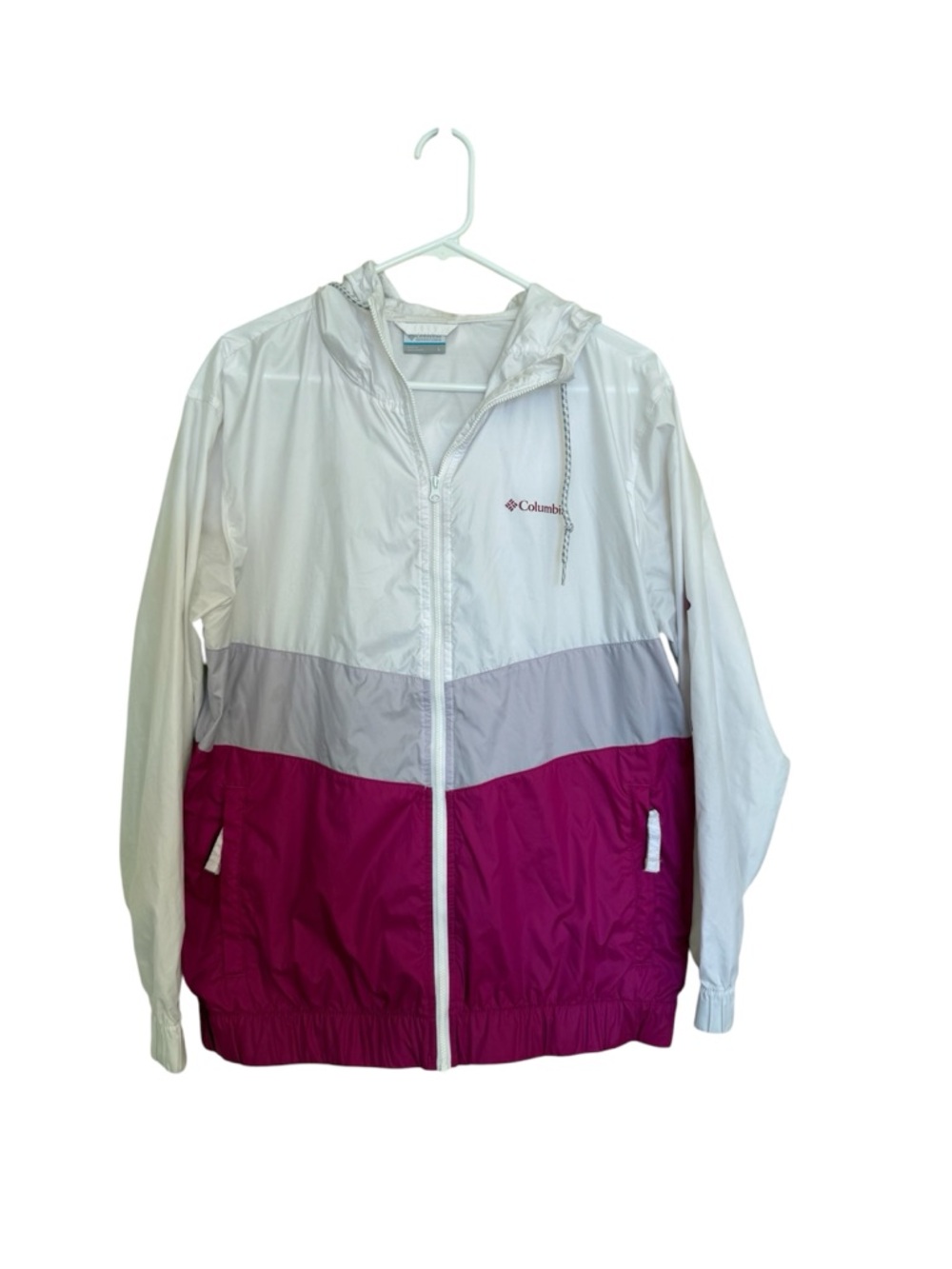 Columbia White Gray and Magenta Colorblock Lightweight Hooded Jacket